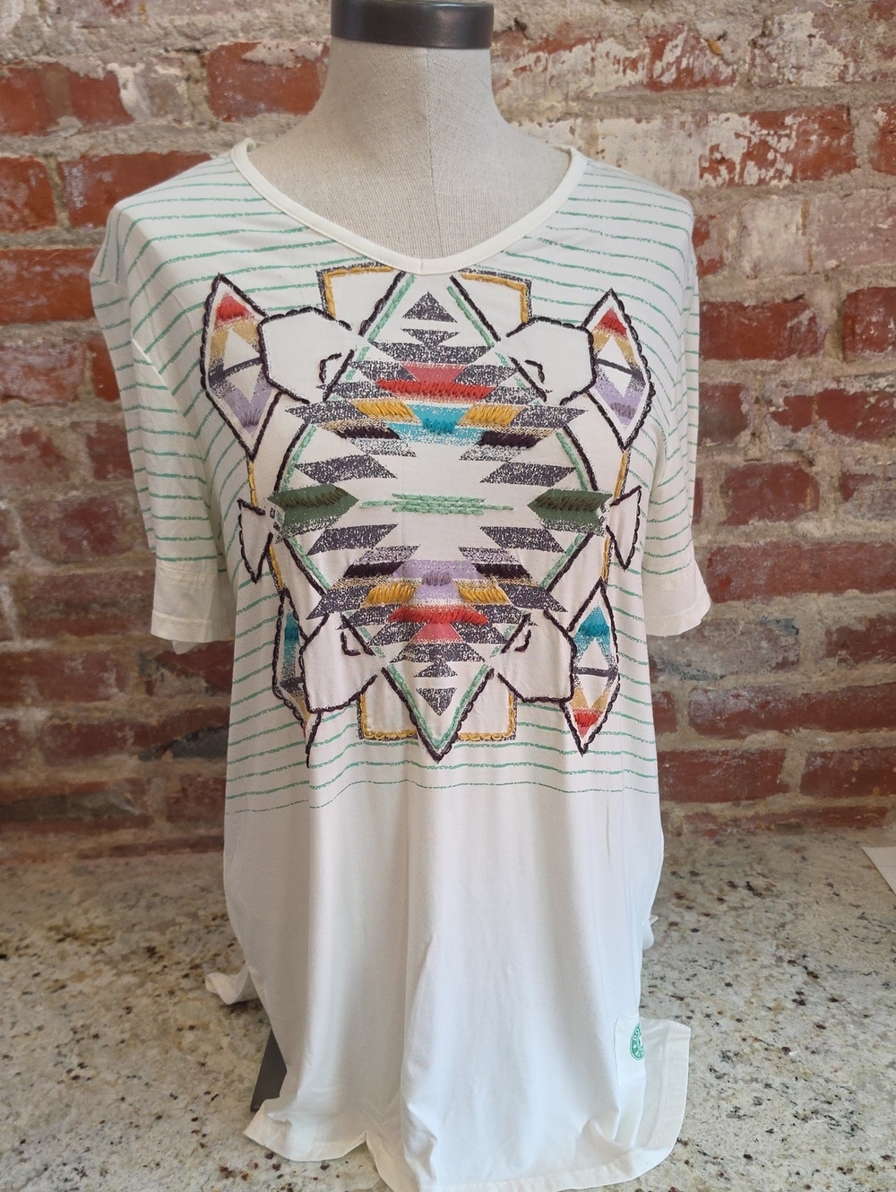 Double D Ranch White Short Sleeve Tee with Multicolor Geometric Embroidery -1828